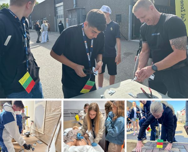 Collage med fire billeder. Øverst arbejder en gruppe drenge udendørs med værktøj sammen med en voksen fagperson. Nederst ses en elev male med sprøjtepistol, en gruppe piger øver førstehjælp på en dukke og en pige lægger fliser.